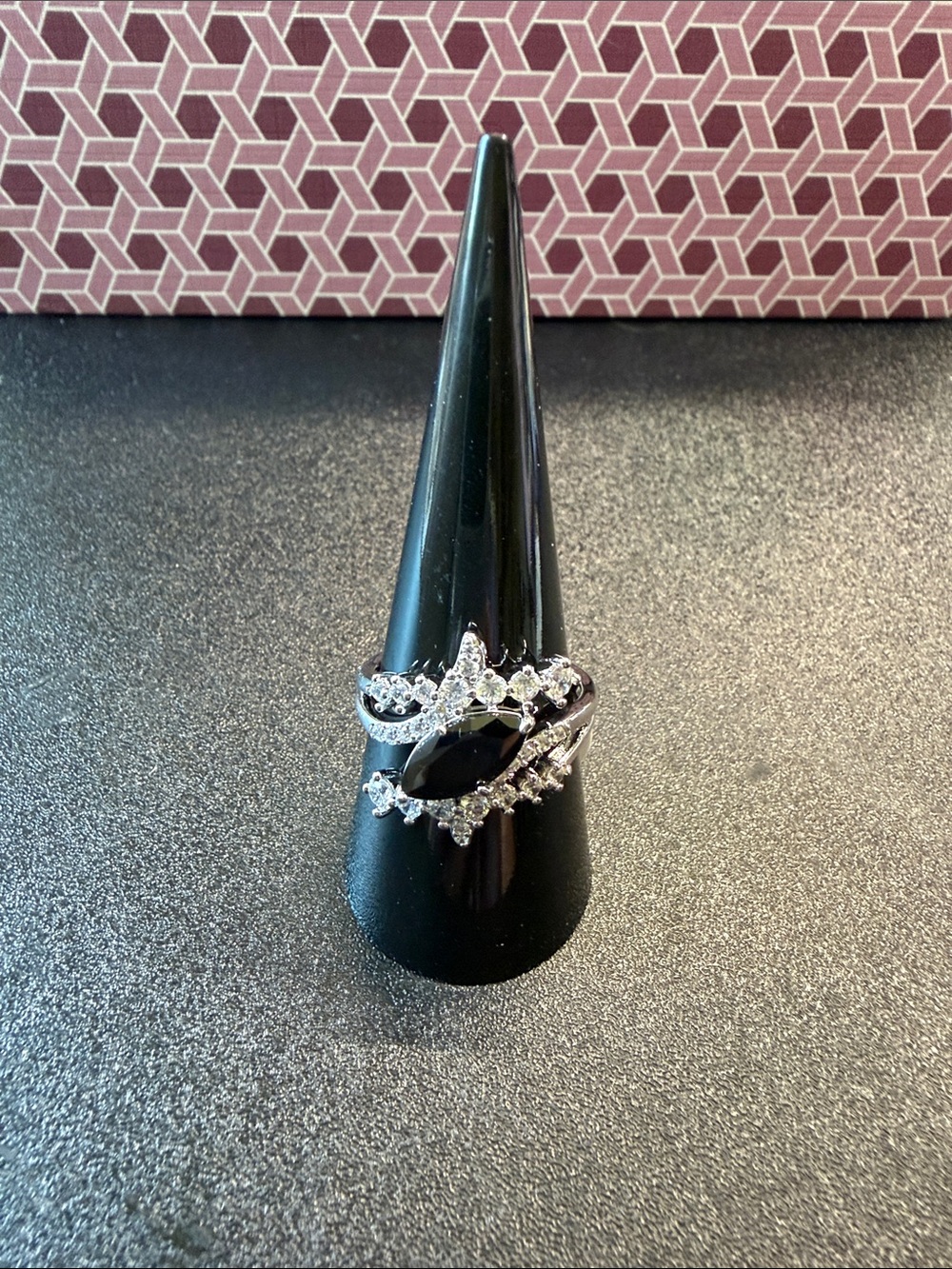 Black Marquise Crystal Ring with Clear Accents - Women Jewelry